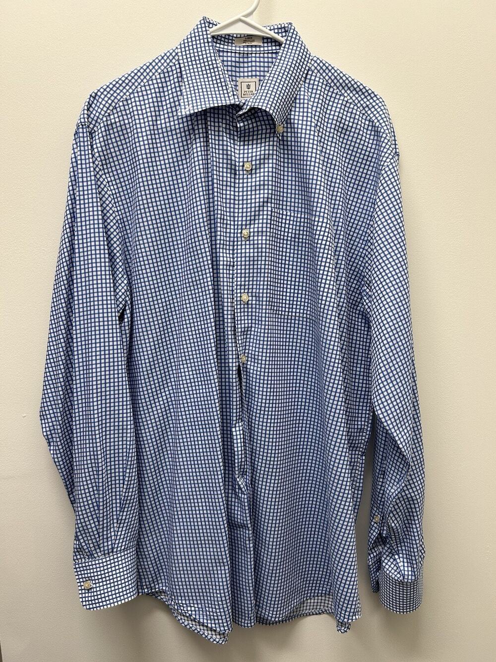 Peter Millar Men’s Long Sleeve Button Down Blue White Plaid Large
